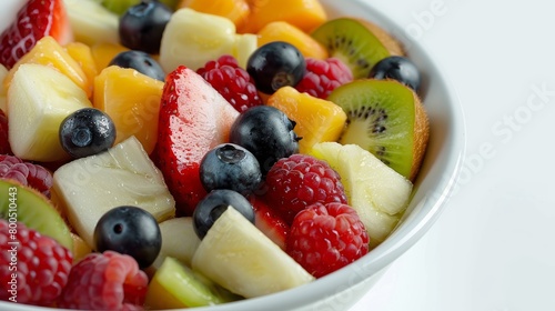 Studio shot of a bowl of fresh fruit salad  featuring an assortment of ripe fruits  perfectly isolated to focus on the natural details and freshness