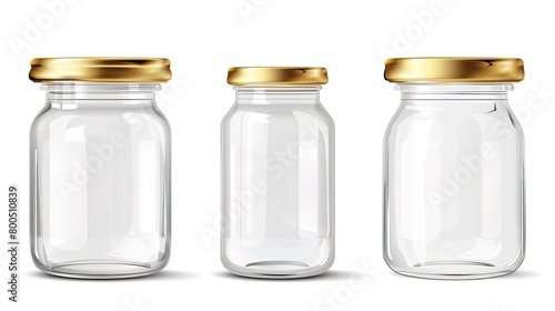 Set of empty glass jars with golden lids isolated on white