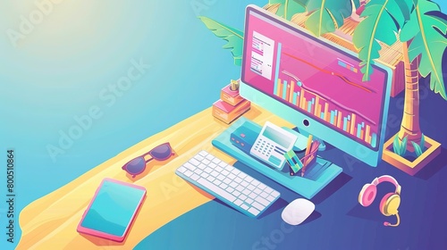 Tropical freelancer desk with computer and accessories