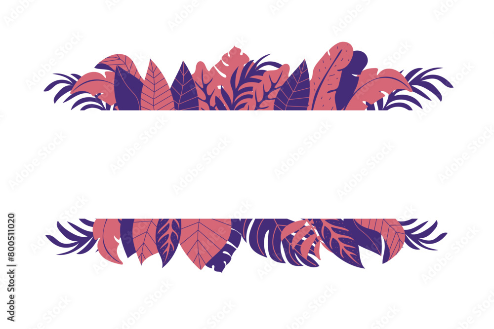 Obraz premium Jungle Tropical Landscape Wide Background/ Illustration of a jungle landscape background, with ornaments made with leaves and foliage of tropical plants and trees