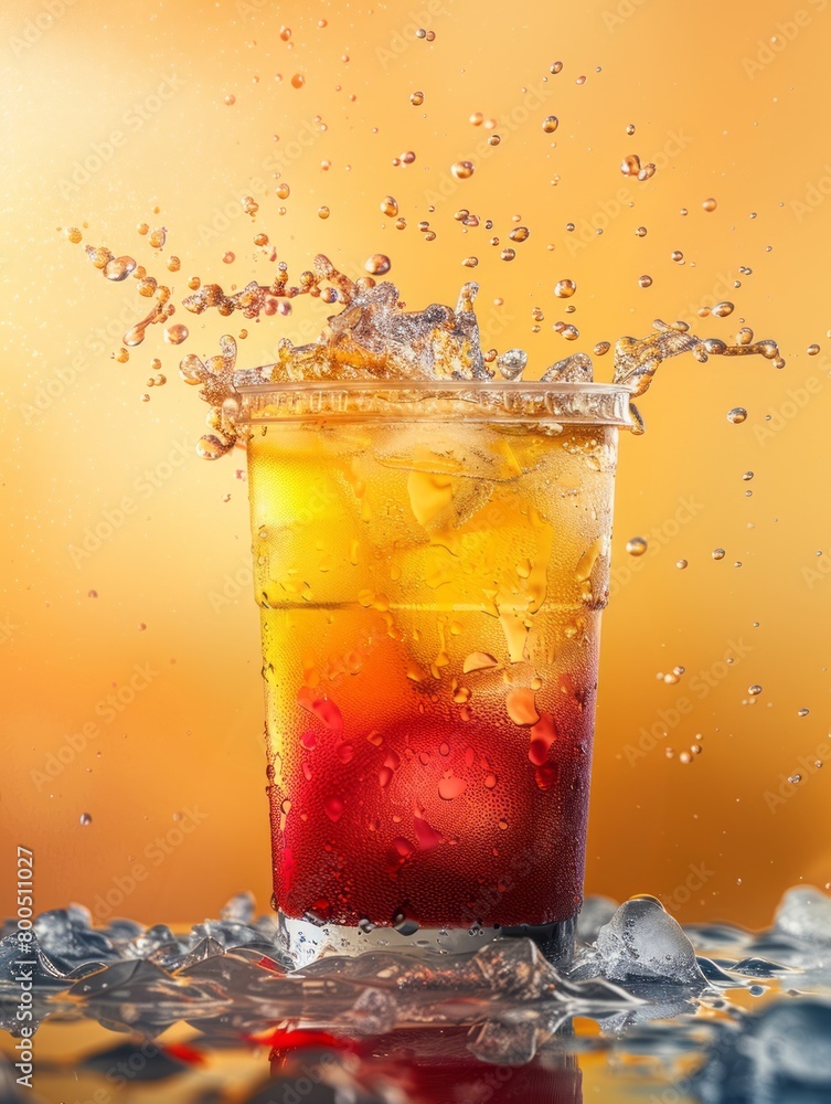 color drink red below and yellow above in a transparent disposable container glass, color drink red below and yellow above in a transparent disposable container glass,