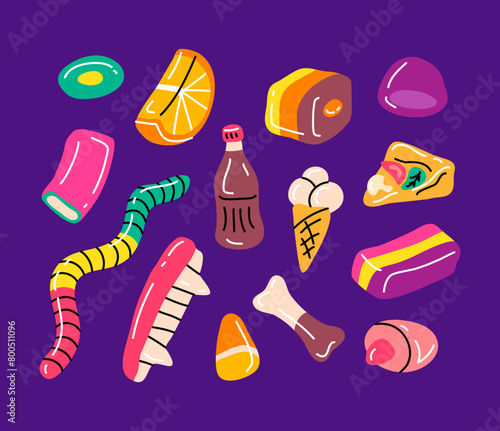 Cartoon Color Different Gummy Candies Sweets for Kids Concept Flat Design Style. Vector illustration of Candy