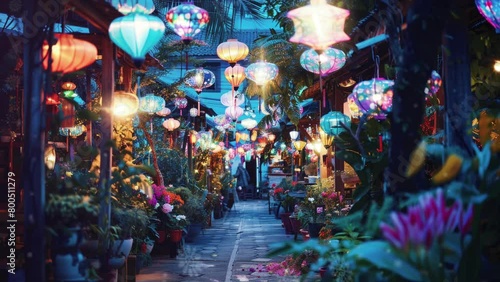 Lantern lights suspended in the middle of the road, casting a warm and welcoming glow.
 photo