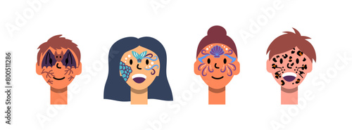 Cartoon Color Characters Kids Face Painting Concept Flat Design Style Include of Bat, Mermaid and Leopard. Vector illustration