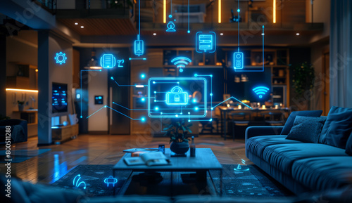  AI powered smart home interior, showcasing various digital holographic projections representing different room types and their networked communication with the main system through data connections