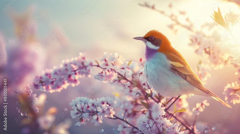   A bird perches atop a flower-laden tree branch, bathed in sunshine; pink and white blossoms surround it