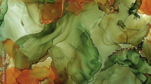 A fluid alcohol ink art piece in earth tones of olive green and rust, mimicking the natural colors of a forest floor. This abstract background adds a touch of nature's grounding energy to any design.