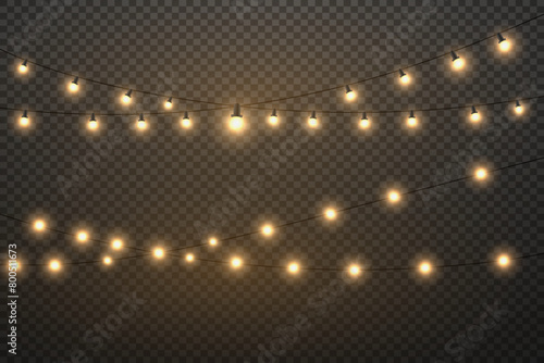 New Year's garland with glowing lights. Festive light bulb on a transparent background.