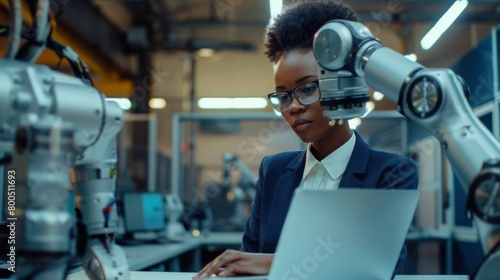 Woman Engineer with Robotic Arm photo