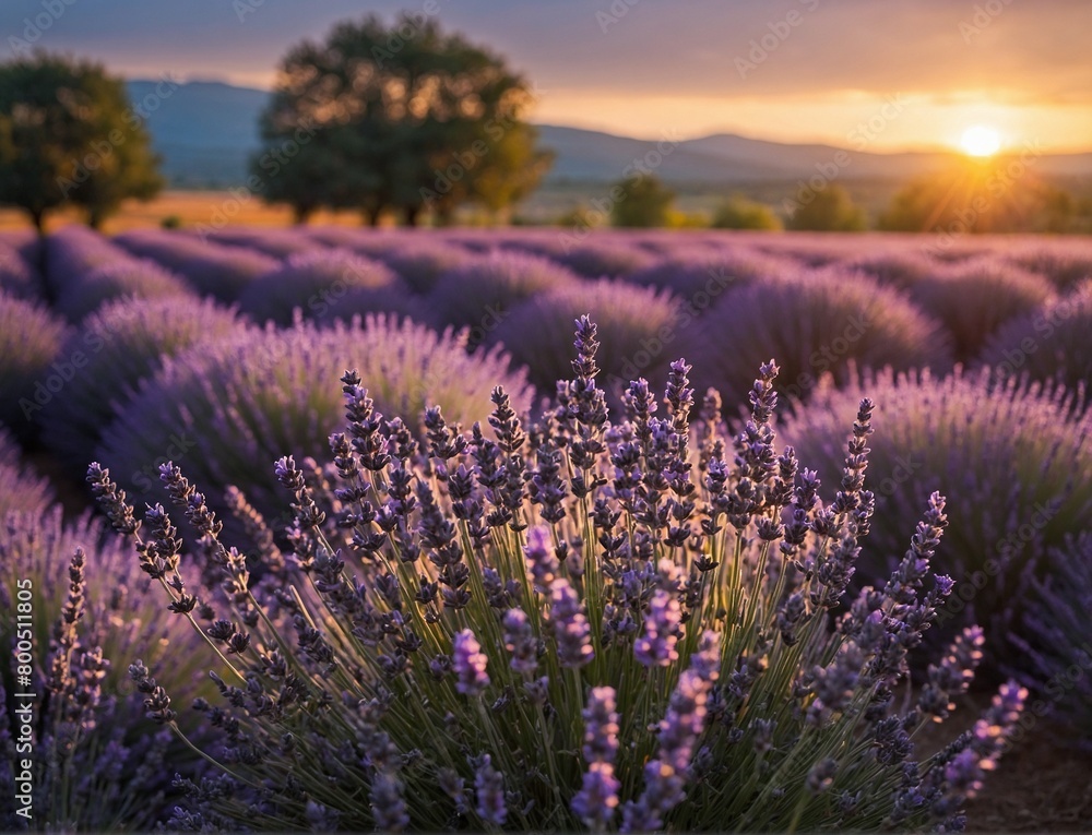 Close-up of a lavender bush in a lavender field illuminated by the rays of the sun at sunset