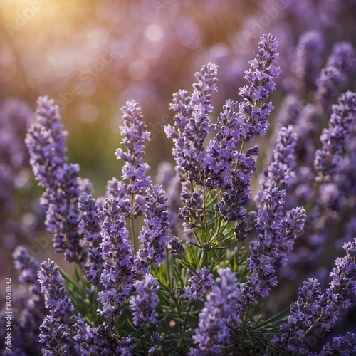 Close-up of a lavender bush illuminated by the sun s rays at dawn