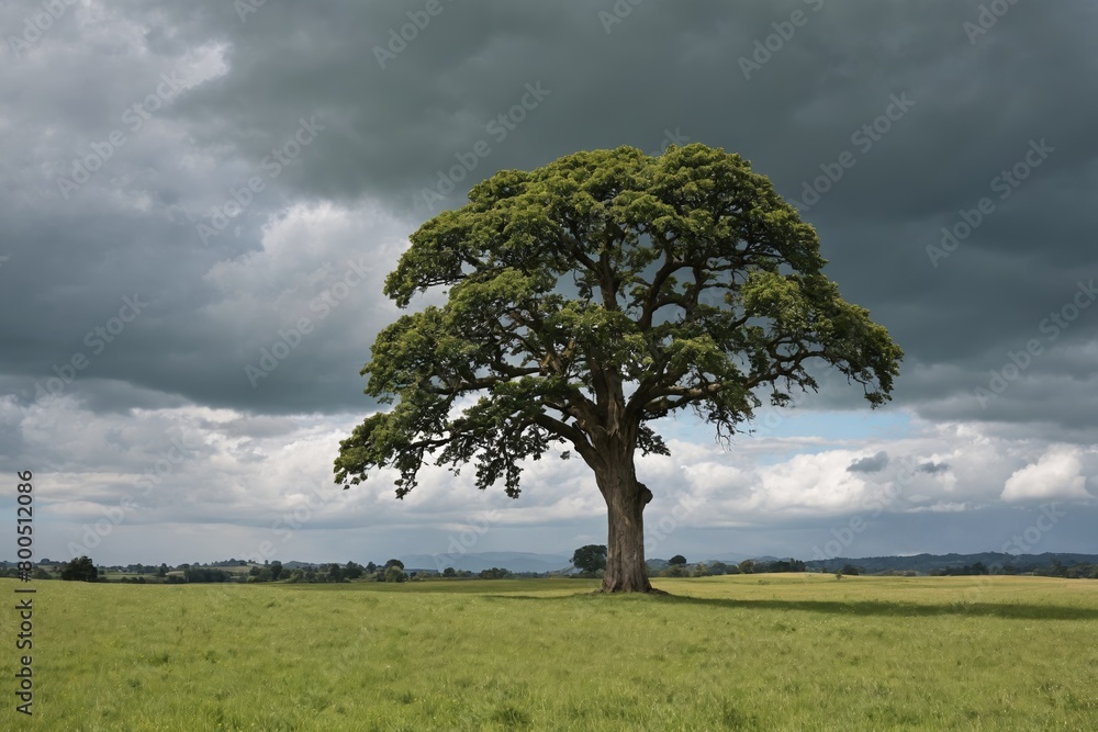 Lonely Green Tree Awaiting Rain in Vast Grassy Plain