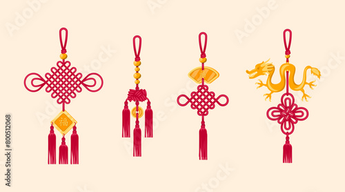 Cartoon Color Chinese Tassels Traditional Icons Set Celebration Concept Flat Design Style Chinese Characters mean Happy. Vector illustration of Asian Knot