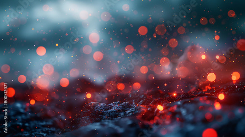 A dynamic scarlet and slate abstract environment, where bokeh lights appear as fleeting moments of brilliance against a stormy sky at dusk. The setting is dramatic and vibrant. photo
