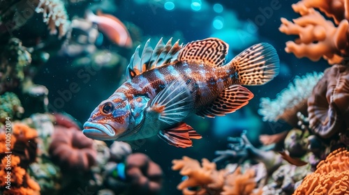   A tight shot of a fish in an aquarium, surrounded by corals and clear water housing additional corals behind it photo