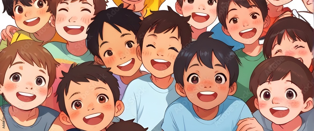 Illustration of a group of diverse cute and happy young boys. Generative AI Illustration of a group of diverse cute and happy young boys. Generative AI