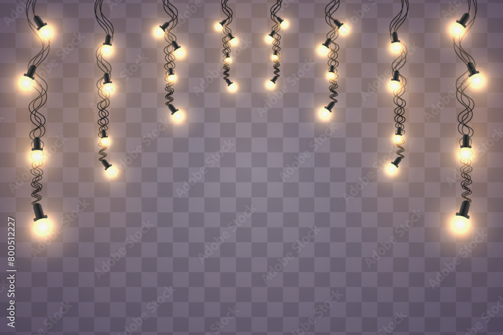 New Year's garland with glowing lights. Festive light bulb on a transparent background.