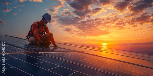 male worker in protective helmet and uniform working on roof with solar panels against sunset sky