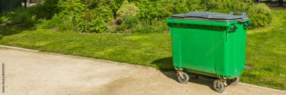 Large green waste container on wheels placed beside a footpath in a public park, symbolizing urban cleanliness and environmental awareness, related to Earth Day Large green waste container on wheels placed beside a footpath in a public park, symbolizing urban cleanliness and environmental awareness, related to Earth Day