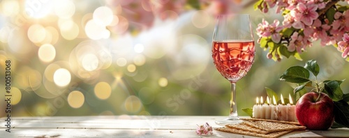 Matzo, wine, menorah and pink flowers apple tree for passover celebration on white plank table on blur nature background with space for text photo