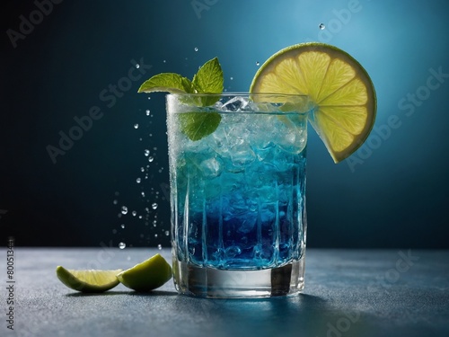 Vibrant blue cocktail being served in rocks glass with ice, garnished with lime wheel, fresh mint sprig. Cocktail fizzy, refreshing, perfect for summer day.