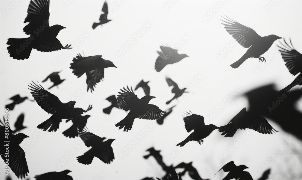 Obraz premium flock of birds flying silhouetted against a white sky