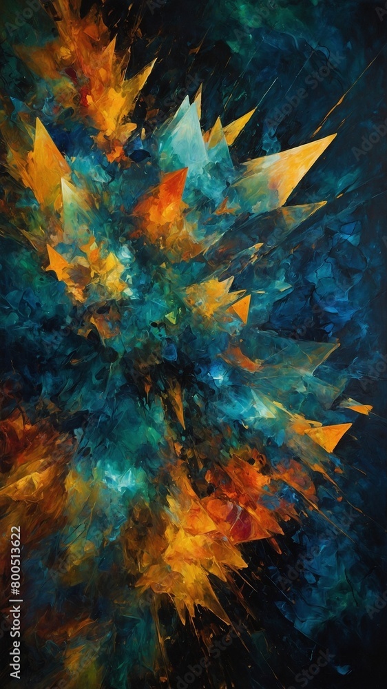 Jagged shards of color explode outward from center of canvas, fiery oranges, yellows contrasting with cool blues, greens. Thick, textured paint creates sense of depth, movement.
