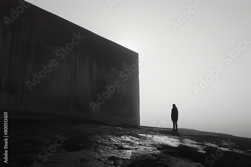 A dark figure stands in front of a large concrete wall.