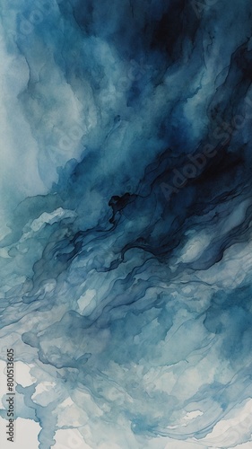 Dark blue swirls of ink bleed into lighter shade of blue, creating abstract, watercolor effect. Darker shades concentrated at top of image, slowly fade into lighter blue at bottom.