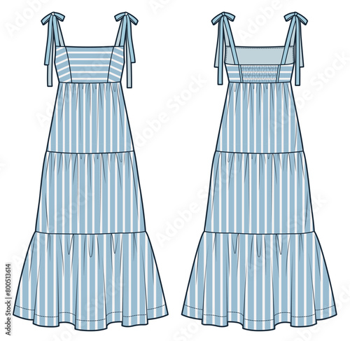  Tiered Maxi Dress technical fashion illustration, striped design. Strap Dress fashion flat technical drawing template, bustier, relaxed fit, front and back view, blue, women CAD mockup set.