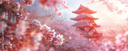 Spring Equinox Day Japan Traditional Castle And Blossoming Sakura Flower Viewing Festival In Sun Shine, Bokeh Emptry Copy Space Background
