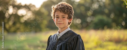 Portrait of boy in graduation gown standing on grassy field at park