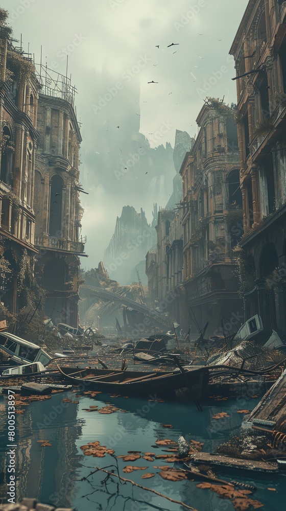 A photo of a post-apocalyptic city with a river running through it.