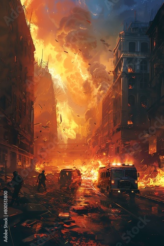 A firefighter truck drives through a city that is on fire