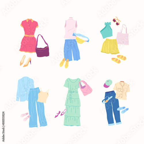Cartoon Clothes Female Different Style Summer Combo Set Concept Flat Design Style Isolated on a White Background. Vector illustration