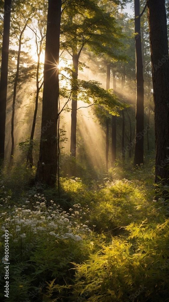 Obraz premium Golden sunlight streams through tall trees of lush forest, illuminating mist, creating magical atmosphere. Patches of delicate white wildflowers, vibrant green ferns dot forest floor.