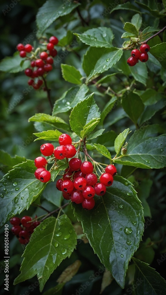 Clusters of bright red berries hang from thin branches surrounded by vibrant green leaves, glistening with droplets of water. Berries small, round.