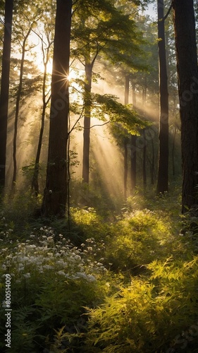 Golden sunlight streams through tall trees of lush forest, illuminating mist, creating magical atmosphere. Patches of delicate white wildflowers, vibrant green ferns dot forest floor. © Tamazina