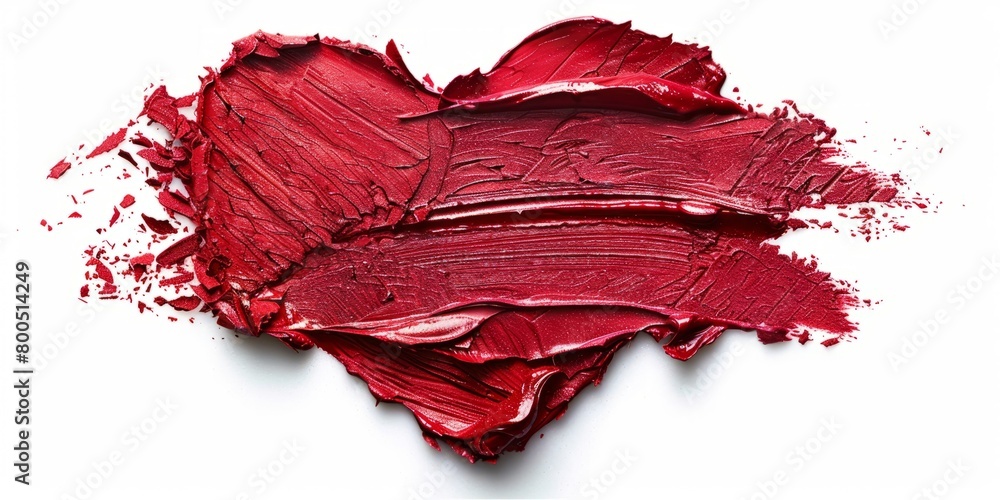 Red lipstick shimmering texture in heart shape, texture stroke isolated on white background. Cosmetic product smear smudge swatch Red lipstick shimmering texture in heart shape, texture stroke isolated on white background. Cosmetic product smear smudge swatch