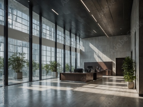 Sunlight streams into spacious, modern office lobby through floor-to-ceiling windows, illuminating sleek reception desk with two computer monitors. Minimalist space features polished concrete floors.