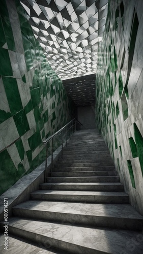 Steep staircase ascends between walls adorned with green  white marble tiles  leading towards ceiling of fragmented  reflective panels that cast mosaic of light  shadow. Polished stone steps.