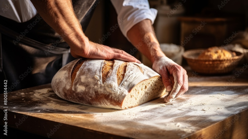 Baker's hands make Fresh aromatic bread with flour and dough on a wooden cutting board and wheat. Fresh classic pastries.