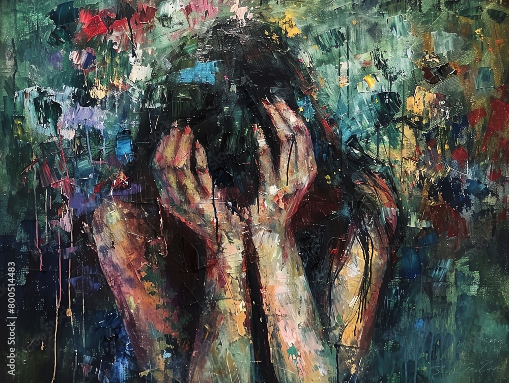 A woman is crying with her hands covering her face. She is surrounded by colorful flowers. A woman is crying with her hands covering her face. She is surrounded by colorful flowers.
