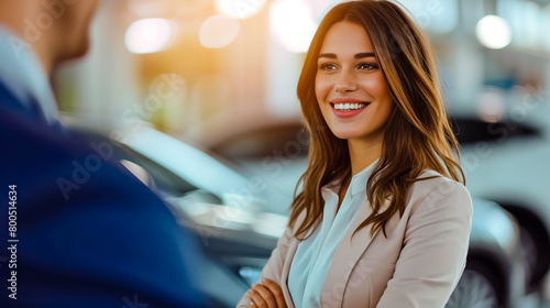 Professional commercial action photo of beautiful sales manager selling cars.