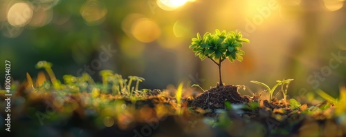 panorama small tree growing with sunrise. green world and earth day concept