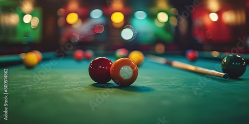 Close-up of snooker balls and a snooker cue on a snooker table**** photo