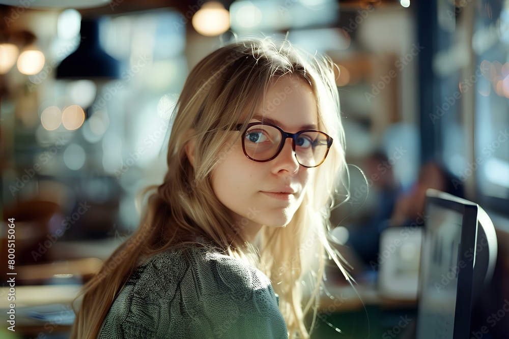 business woman in glasses working in a office with computer, in the style of socially engaged, academic precision. generative AI business woman in glasses working in a office with computer, in the style of socially engaged, academic precision. generative AI