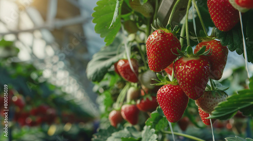 Strawberries grow in a greenhouse close-up