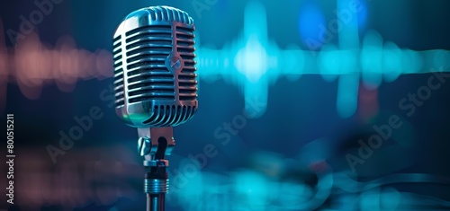 photo of microphone with sound wave on blue background, banner design, copy space concept. silver vintage microphone on blue background, karaoke night