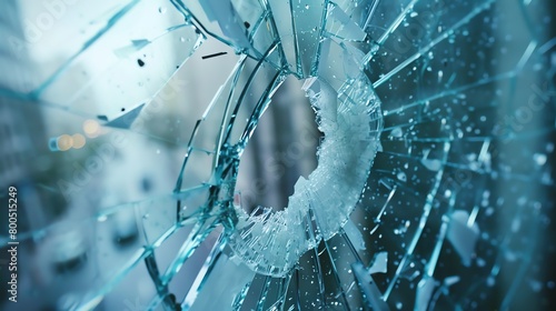 A close up of a shattered glass window.